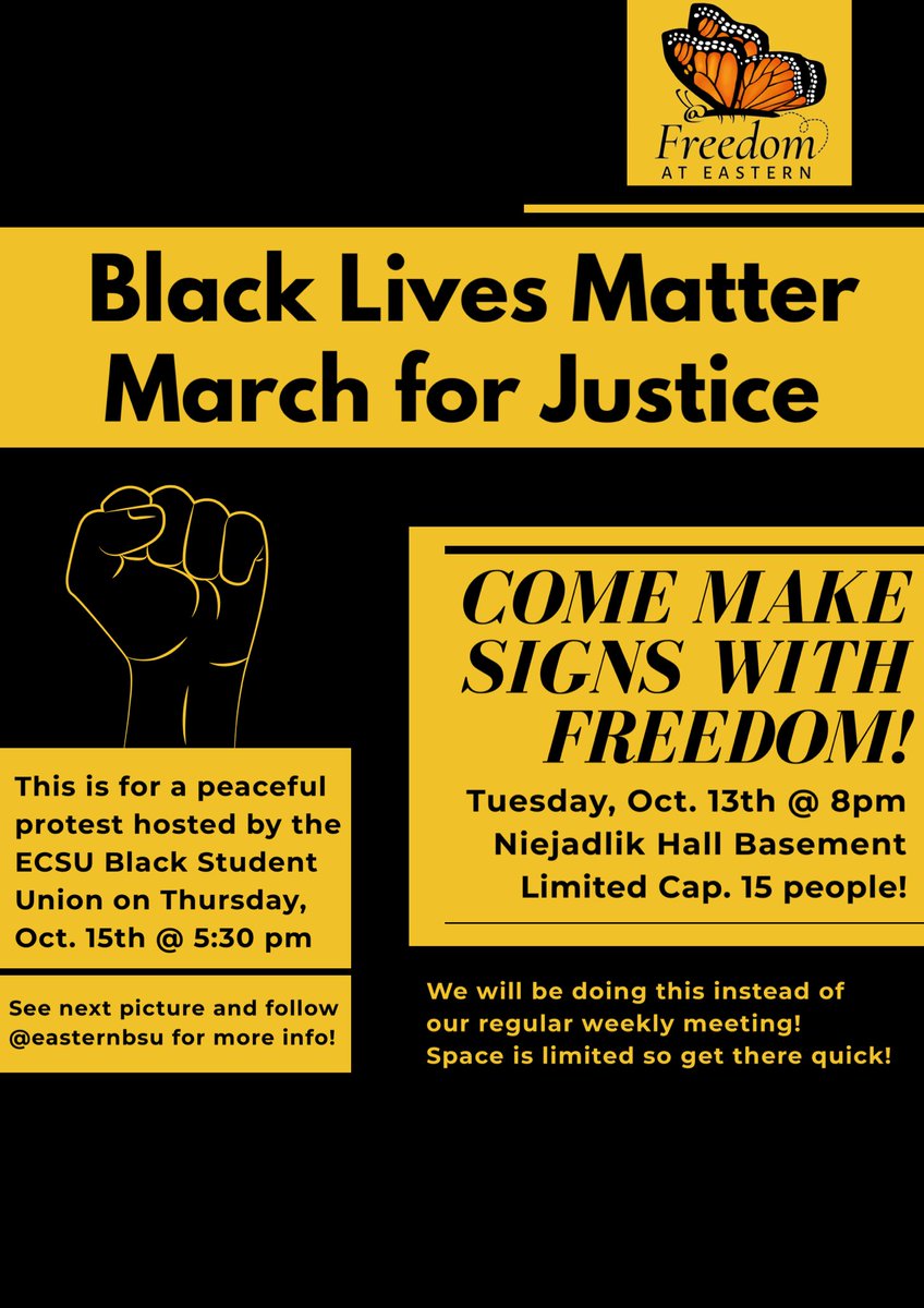 FreedomEastern's tweet image. This week we’ll be making posters in person for the Black Lives Matter March for Justice instead of having our regular weekly meeting‼️ Social distancing and masks will be required 😷💛 Be sure to join Eastern’s BSU this Thursday at 5:30pm in the FAIC Amphitheater! See you soon✊