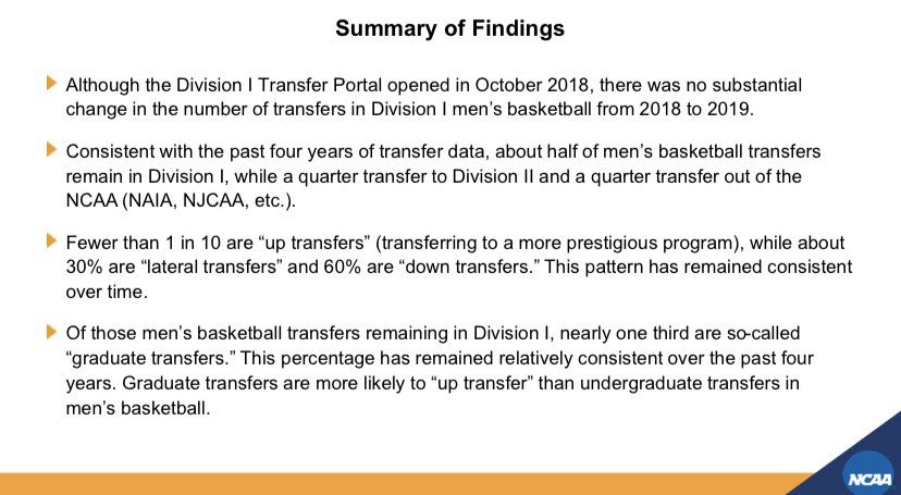 1. There was no significant change in the amount of transfers. 2. About 50% of transfers do so out of Division 1 entirely. 3. About 10% are “up-transfers”