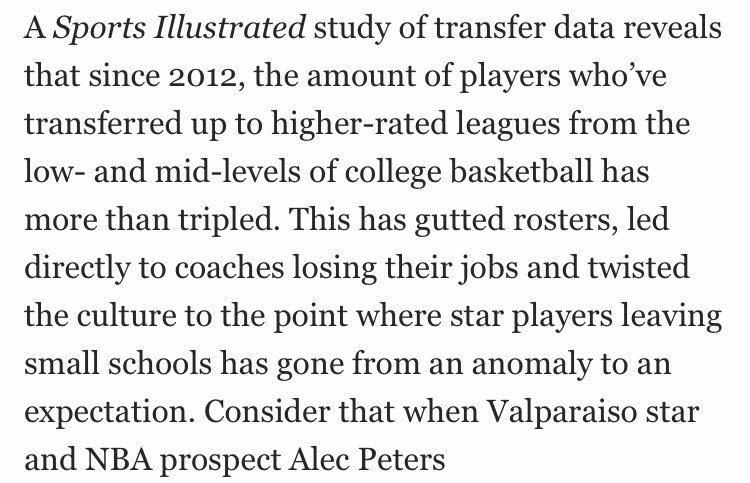 So I was very curious as to why people are so against transfers in college basketball. And the consensus I got was people believe that "up-transfers"(meaning athletes who started at mid-majors and went to the Power 5 are gutting rosters  https://www.si.com/college/2017/03/14/college-basketball-transfers-cinderella-ncaa-tournament