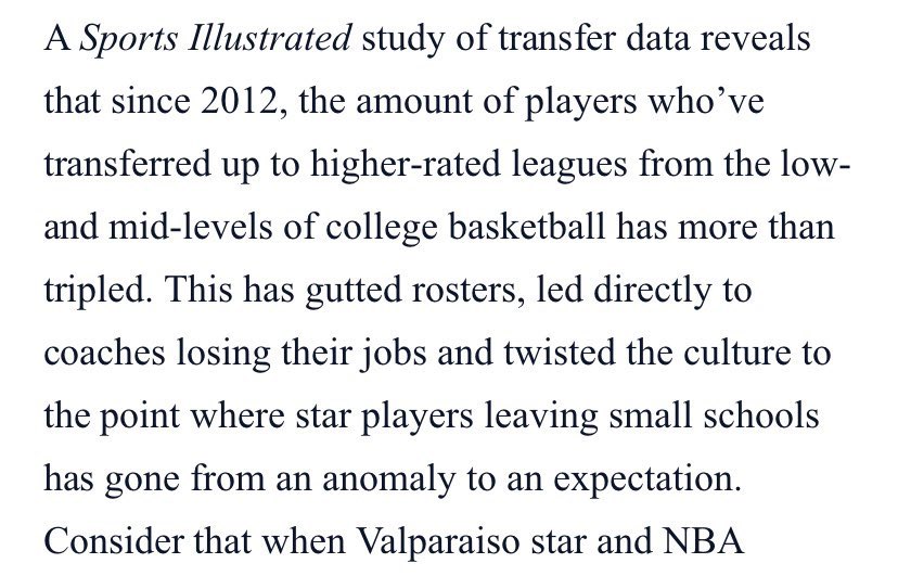 As we continue to work through transfers, what is continuously sold to us is that mid major programs are hurt significantly by “transfer” culture...And suggest that schools like Valpo will struggle going forward as Cinderella stories in the tourney become a thing of the past.