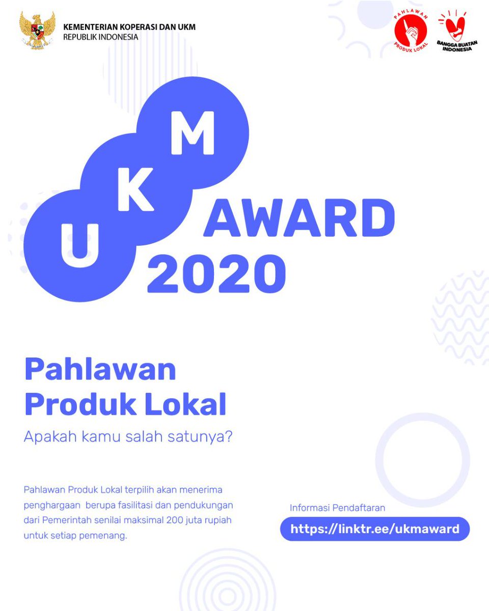UmiUminur's tweet photo. Yuk ikuti UKM Award 2020, penghargaan kepada kalian yang telah menghadirkan inovasi produk lokal berkualitas dan tetap produktif di masa pandemi. Kalian adalah Para Pahlawan Produk Lokal. Daftarkan di https://t.co/4PvlIWZr8s sebelum 14 Oktober 2020 #UKMPahlawanProdukLokal https://t.co/fbYUWtYUrz