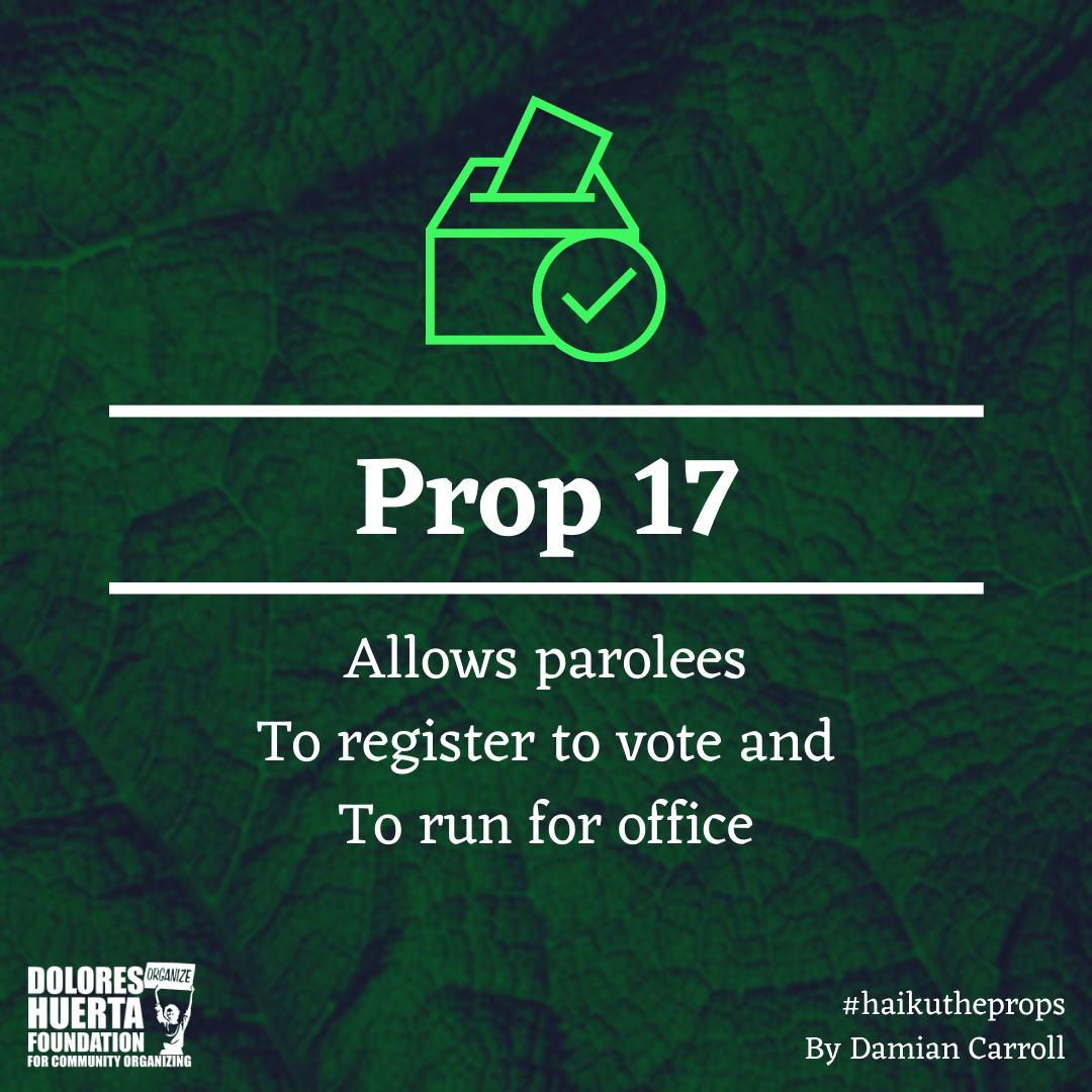 DoloresHuertaFD's tweet photo. Make an educated #vote this November. Visit the link in our bio or https://t.co/qdghXzef1V for the official Dolores Huerta Foundation #VoterGuide. Thank you, Damian Carroll for breaking it down for us in #haikutheprops. #CountVoteWin #VoteForOurLives #VoteWithDHF #SiSePuede https://t.co/jv4S5643RE