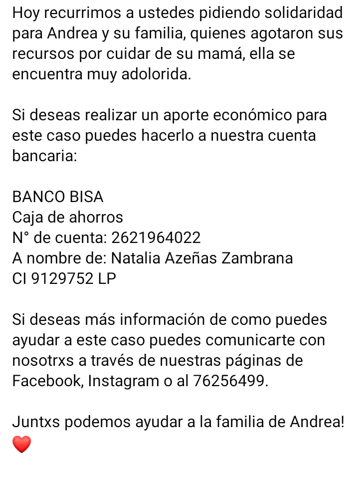 BoSolidaria's tweet photo. Ayudemos a Andrea y a lxs amigxs de #PEPSLP, que están en campaña para apoyarla. Ella está pasando por difíciles momentos en su salud y necesita al menos 1.300Bs para sus estudios médicos.

Toda ayuda es importante.

#BoliviaSolidaria

https://t.co/YCnMxzXthz https://t.co/whH8bU66XS