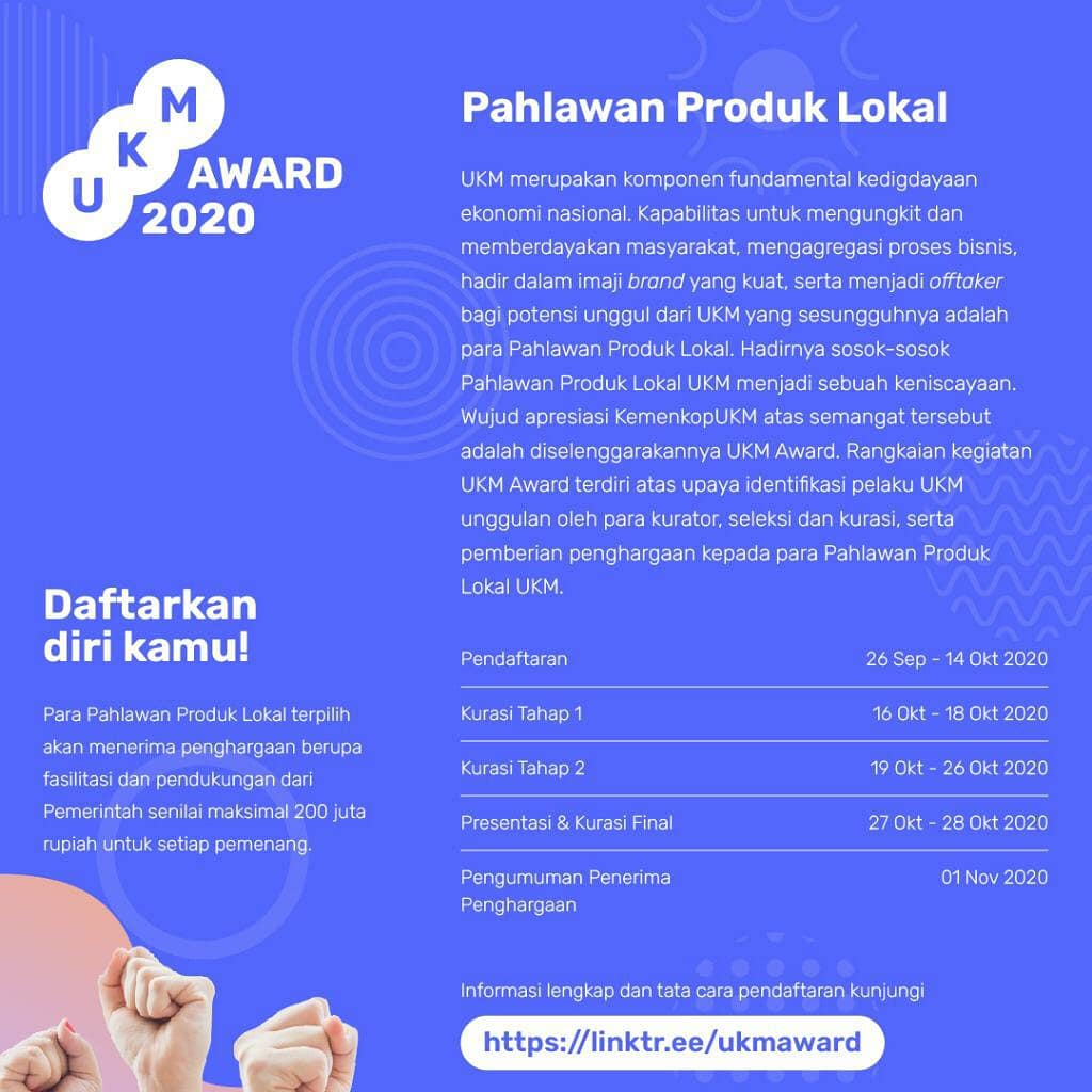 coophebat's tweet photo. Yuk ikuti UKM Award 2020, penghargaan kepada kalian yang telah menghadirkan inovasi produk lokal berkualitas dan tetap produktif di masa pandemi. Kalian adalah Para Pahlawan Produk Lokal. Daftarkan di https://t.co/OeYfOOZkPn sebelum 14 Oktober 2020 #UKMPahlawanProdukLokal https://t.co/PoFNn0t4Yp