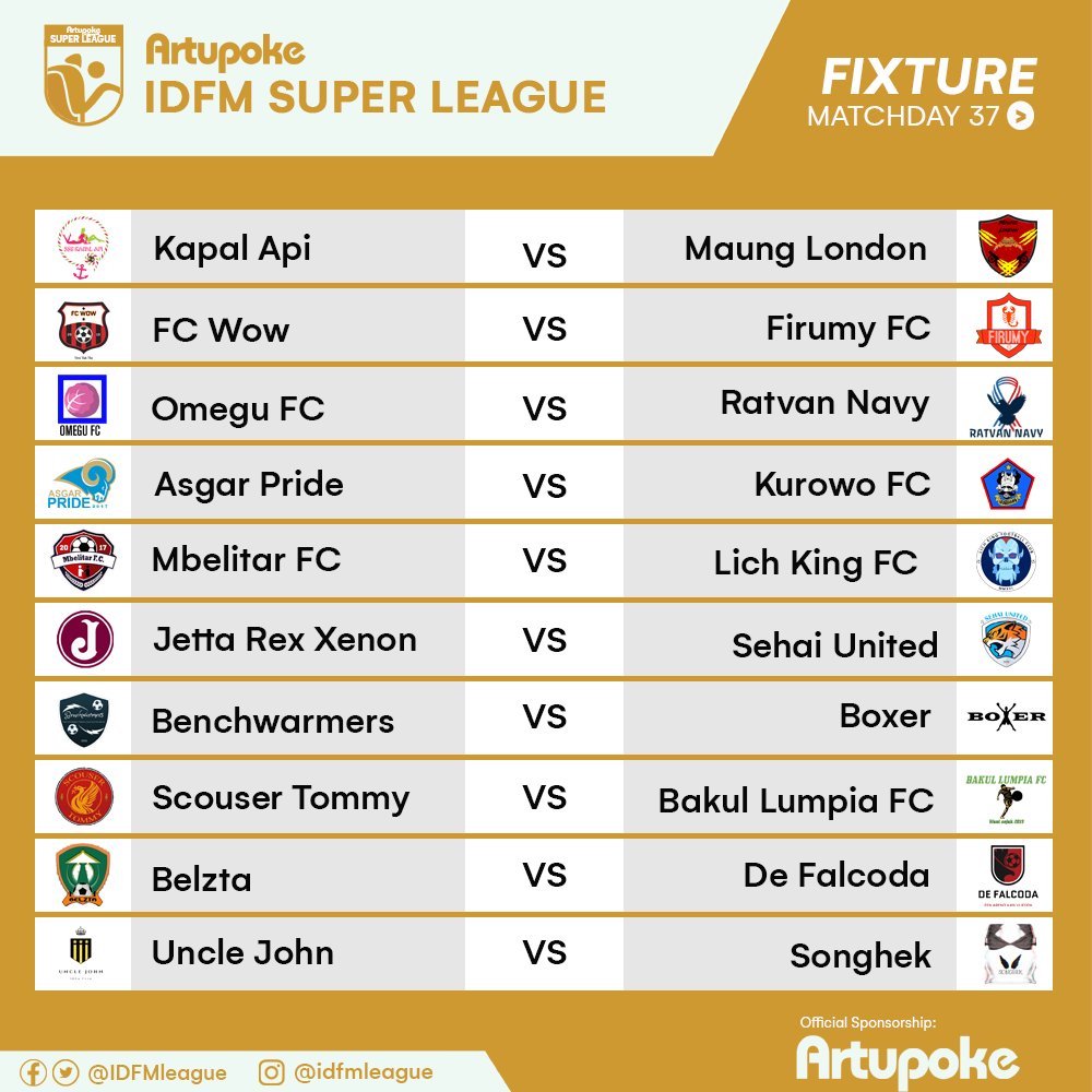 IDFMLeague's tweet image. Fixture
Artupoke IDFM Super League
MD37 &amp;amp; MD38

De Falcoda hanya akan bertanding di MD37
Benchwarmers harus kerja keras jika ingin menyalip Falcoda karena 2 lawan yang berat namun FC WoW harus hati² dengan lawan² nya yang sangat butuh 3 poin untuk lolos degradasi

@Rtupoke @id_fm
