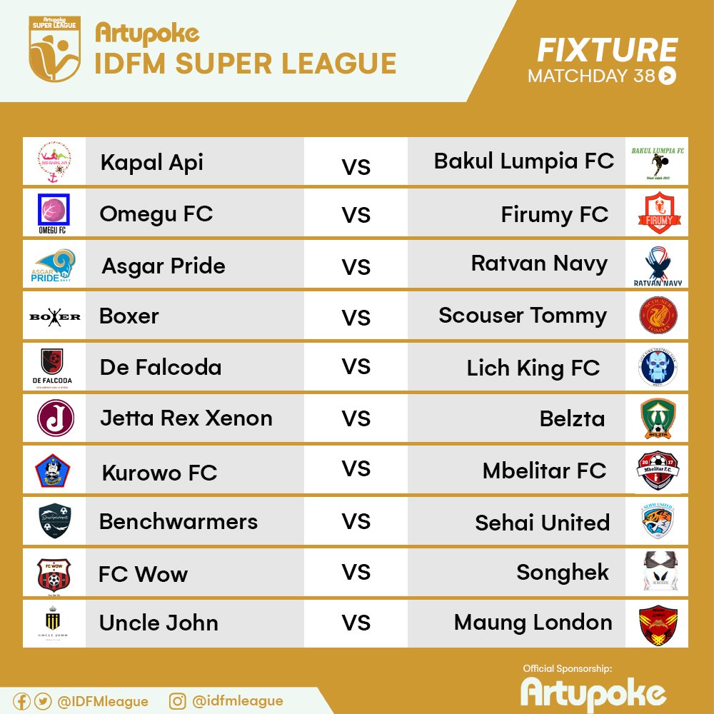 IDFMLeague's tweet image. Fixture
Artupoke IDFM Super League
MD37 &amp;amp; MD38

De Falcoda hanya akan bertanding di MD37
Benchwarmers harus kerja keras jika ingin menyalip Falcoda karena 2 lawan yang berat namun FC WoW harus hati² dengan lawan² nya yang sangat butuh 3 poin untuk lolos degradasi

@Rtupoke @id_fm