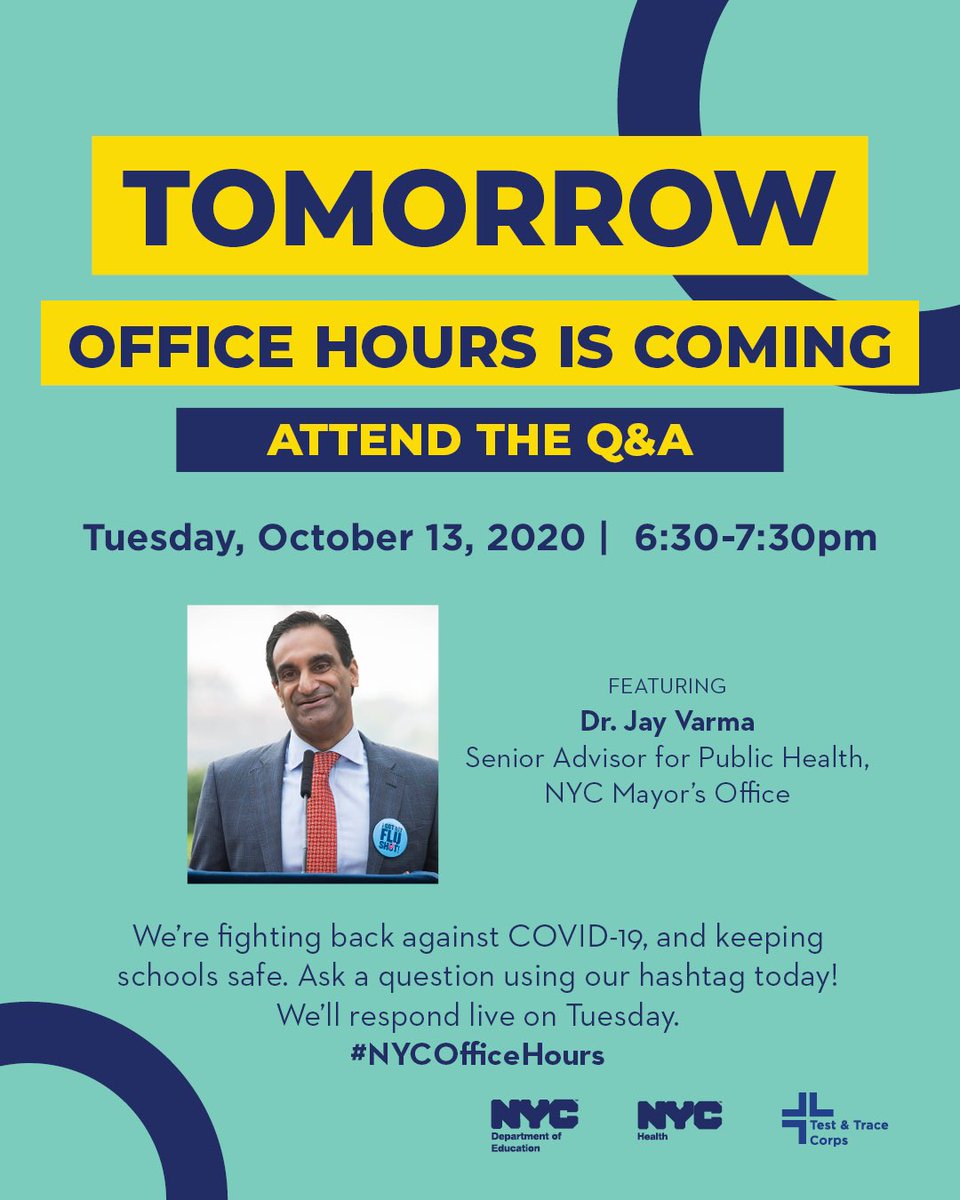 NYCSchools's tweet photo. 1️⃣ day left until #NYCOfficeHours kicks off! Ask a question in the comments using the hashtag, and then join Dr. Jay Varma for some answers from 6:30-7:30 on Tuesday, October 13. ✅ Safe and healthy schools are our top priority. Tune in tomorrow! https://t.co/WDkeVN1tdd