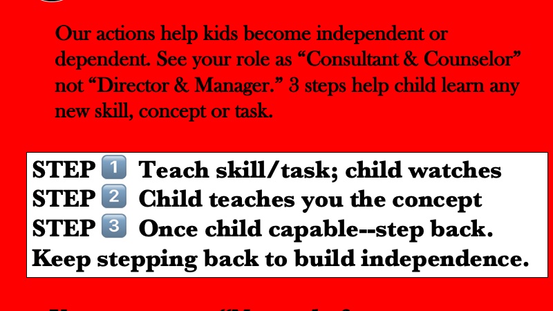 micheleborba's tweet photo. QN: "How much should I help my kid &amp;when do I backoff?" 
Ans: If you want to raise an independent learner use this mantra: "Never do for your child what your child can do for himself." Then use 3 steps for any task to help child build self-sufficiency. #parenting https://t.co/2wKds4TN2F