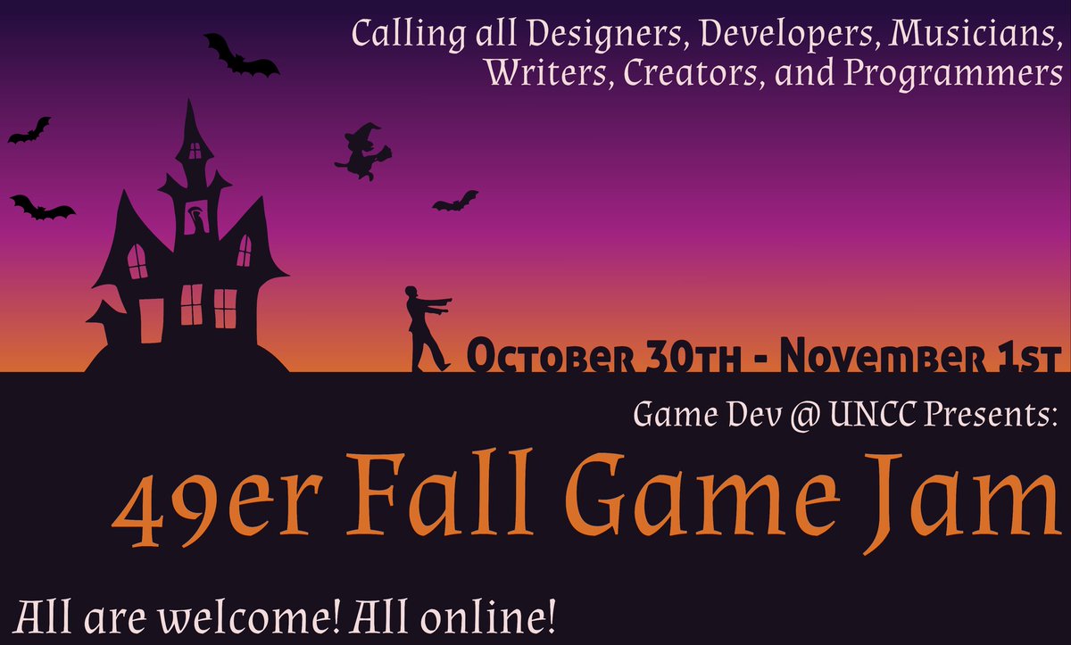 GameDevAtUNCC's tweet image. 👻🎃 It&apos;s that time of year again! Time for the Fall 49er Game Jam! 

Join us on our Discord for a spook-tacular Game Jam! (Costumes Optional) 👻🎃 #UNCC 

Sign up here: docs.google.com/forms/d/e/1FAI…