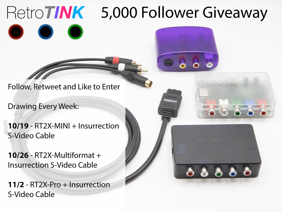 Mike Chi (@retrotink2) on Twitter photo 5K GIVEAWAY!
FOLLOW, RETWEET AND LIKE TO ENTER
10/19 - RT2X-MINI + Insurrection SNES/N64 S-Video Cable
10/26 - RT2X-MULTI + Insurrection S-Video Cable
11/2 - RT2X-Pro + Insurrection S-Video Cable
Special thanks to <a href="/Insurrection33/">Insurrection Industries</a> for making this possible!! 5K GIVEAWAY!
FOLLOW, RETWEET AND LIKE TO ENTER
10/19 - RT2X-MINI + Insurrection SNES/N64 S-Video Cable
10/26 - RT2X-MULTI + Insurrection S-Video Cable
11/2 - RT2X-Pro + Insurrection S-Video Cable
Special thanks to <a href="/Insurrection33/">Insurrection Industries</a> for making this possible!!