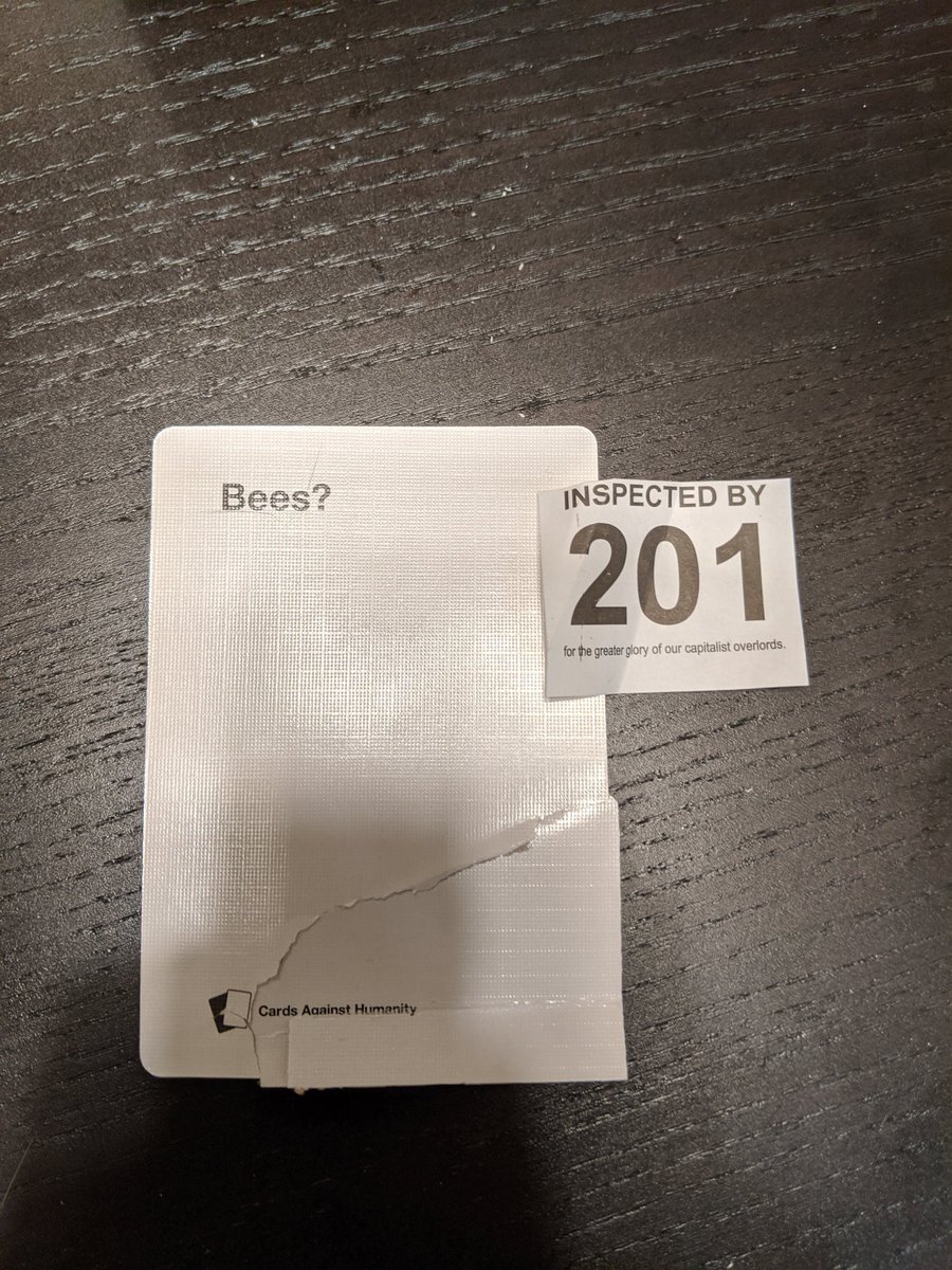 CahoonJulia's tweet photo. @CAH I just opened my Canadian edition, and....my 'Bees?' card arrived in this state! 🥺🥺🥺 https://t.co/KIeWs5vwwO