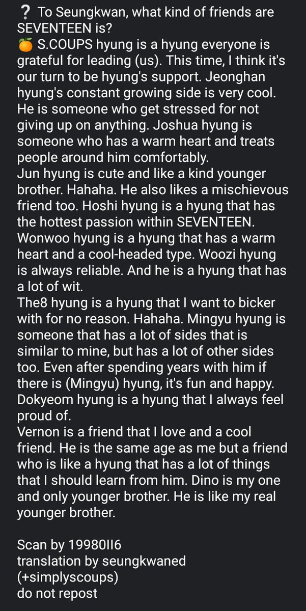 seungkwaned's tweet photo. Ode To You Off the Record Photobook Interview – #SEUNGKWAN #승관 #SEVENTEEN

❔ To Seungkwan, what kind of friends are SEVENTEEN is?

Scan © 19980II6 https://t.co/TswBU96Uxw
