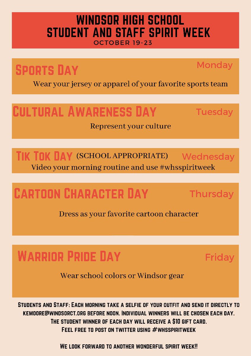 WhsLeadership's tweet photo. Hello Warriors! Itโs that time of the year again! Starting next Monday, 10/19 WHS will begin our spirit week! Letโs rep our classes and show our school spirit! Go warriors! ๐ฅณ๐#whsspiritweek https://t.co/K2g6WaY5z7