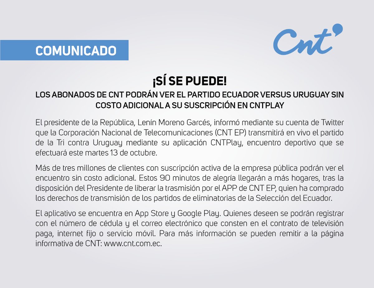 CNTinforma's tweet photo. COMUNICADO | Los abonados de CNT podrán ver el partido Ecuador vs. Uruguay sin costo adicional a su suscripción en CNTPlay. Conoce más detalles aquí: https://t.co/JaZKGksL2a #SíSePuede https://t.co/9vRGEdGcc5