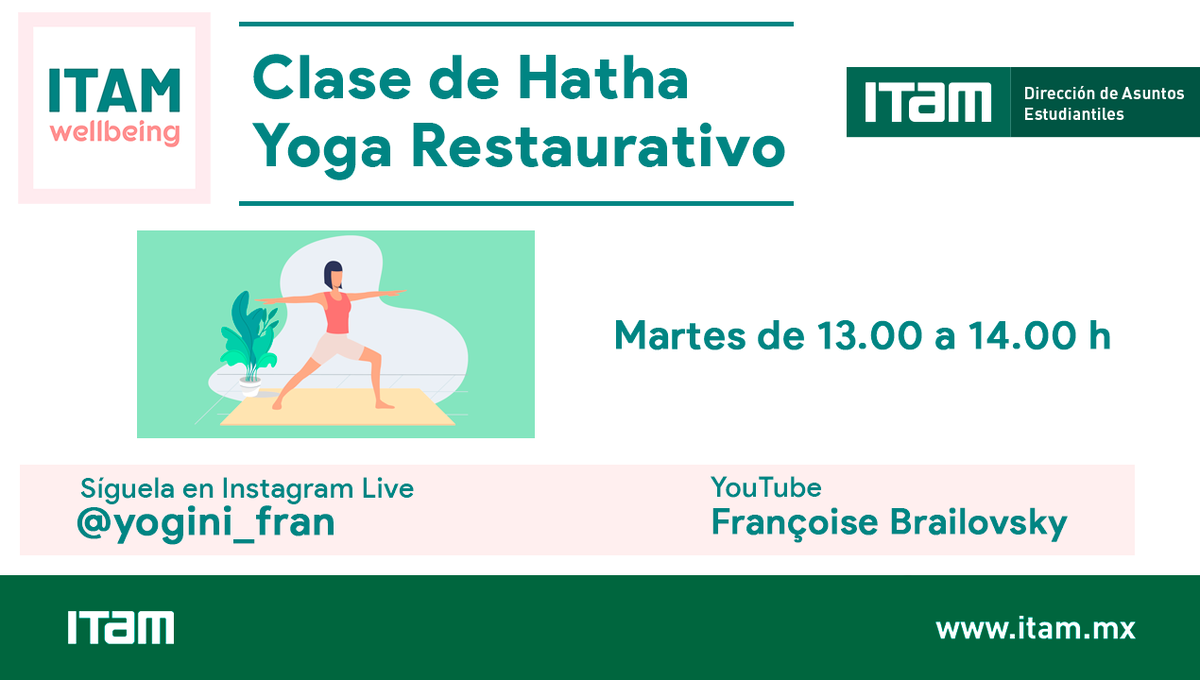 YogiFrancoise's tweet photo. Tómate un respiro a medio día y forma parte del programa #ITAMwellbeing de la @DAE_ITAM @ITAM_mx - Subdirección de Bienestar Integral.
🕉🙏Te ayudamos a encontrar quietud a través de la disciplina de #HathaYogaRestaurativo.
#SaludItam #BackMitra https://t.co/HbICytkl8k