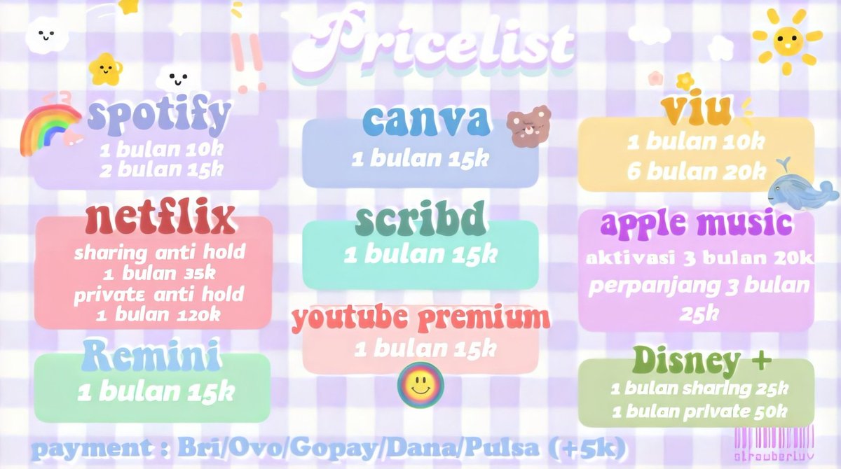 strawberluv's tweet photo. ☁️ SELLING PREMIUM ACCOUNTS ☁️
✅ Legal dan bergaransi semuaa.
💌 Order silakan dm atau klik link dibio untuk fast respons.
♡ Kalau mau tanya-tanya juga boleh bangett ya! ^^

⌨︎..t. jual beli wts wtb butuh yang jual netflix viu youtube canva scribd premium legal garansi https://t.co/mmi9P8xKhB