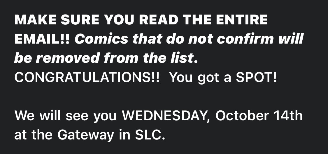 philliephresh's tweet photo. Legitimately nothing makes me happier than receiving this email on a Monday evening! #MondayMotivation #comedy #standup #comedian #wiseguys #utah #openmic #supportlocalcomics #thisplaceisajoke https://t.co/UhZxf4oVfC
