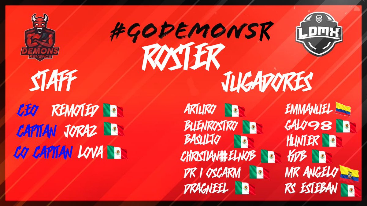 #ROSTER

Les presentamos a nuestros Demonios 😈 que nos estarán representando a lo largo de esta competencia @LDMX_CR 

Esperamos que en este 2do split logremos salir campeones🏆

#GoDemonsR