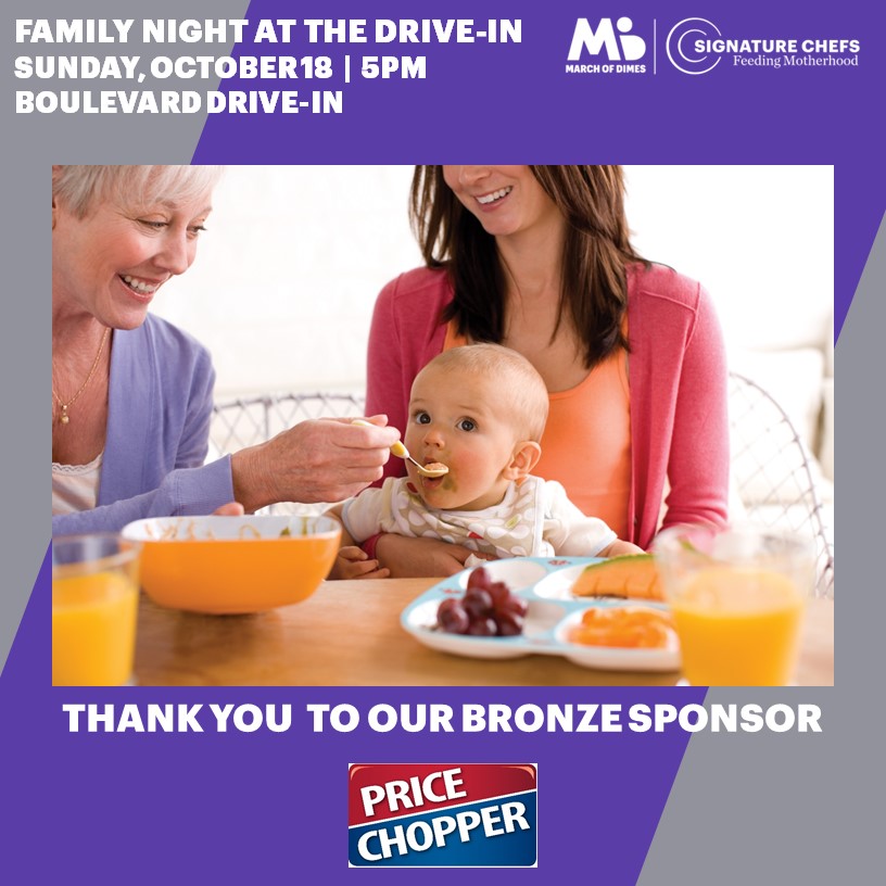 Thank you to our Bronze Sponsor, Price Chopper, for joining our fight because every baby deserves the best possible start! We can't wait to see you at the Signature Chefs Family Night at the Drive-In on October 18! bit.ly/36w1D2a