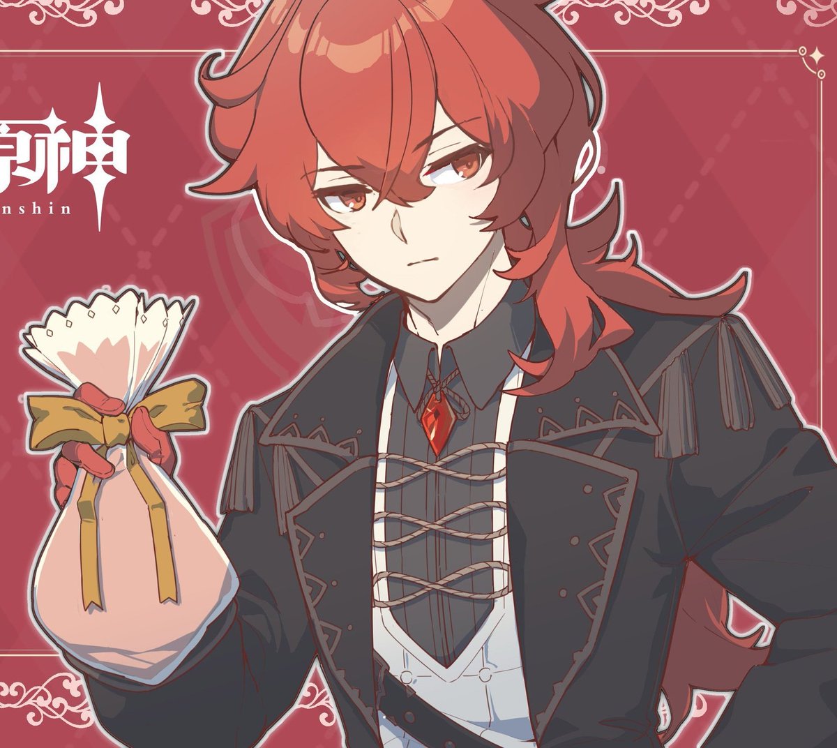 diluc (genshin impact) 1boy red hair male focus red eyes long hair solo holding  illustration images