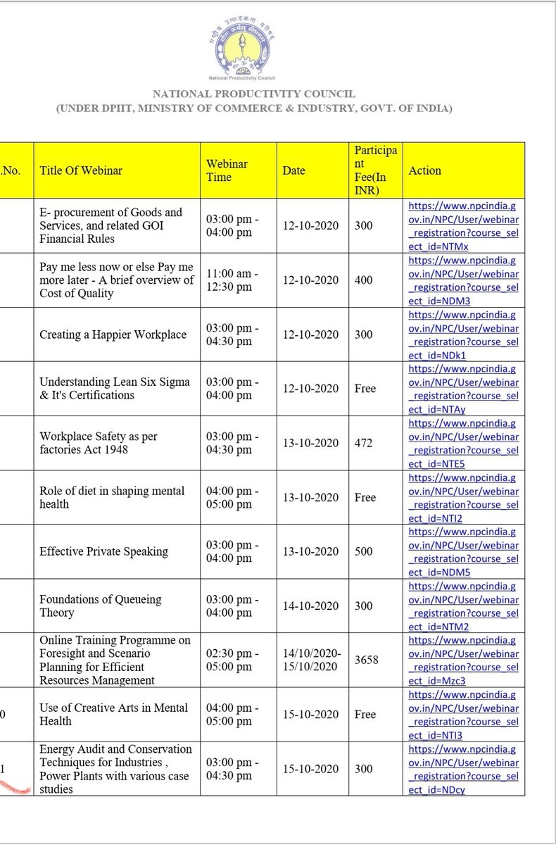 NPC keep adding relevant courses and WEBINARS for enhancing Productivity
@RailMinIndia @DIPPGOI @SriSri @DGQAIndia #epass #npc @beeindiadigital @MinOfPower @NEFI89 @pgcilindia #KYP
@SriSriU @socialpwds @UN @WHO @MSDESkillIndia @shardauniv @Tmumbd @minmsme
https://t.co/nxQ5n6UmMx https://t.co/HKah07YemX