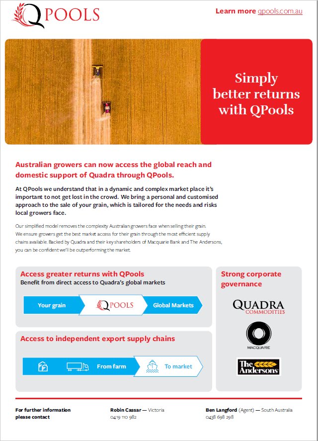 Excited to be able to launch Quadra’s latest product offering for 2020/21 - QPools.
Operating through SA, Vic and southern NSW, Qpools year 1 focus is on wheat and barley.
For more information head on over to qpools.com.au