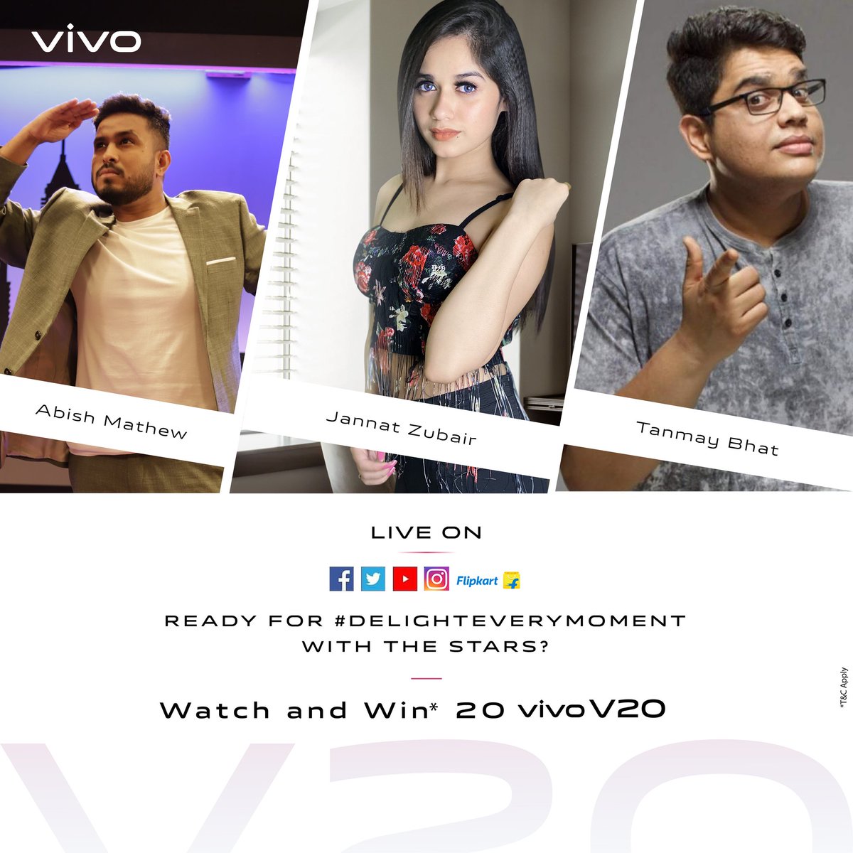 Tune in to the LIVE launch of #vivoV20 at 12PM to watch their bloopers turn into delights. Join us at the exciting event for a chance to win 20 vivo V20s and explore #DelightEveryMoment. To watch: bit.ly/2GXofOu