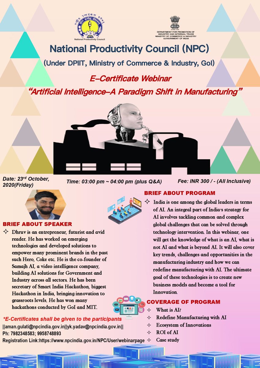 Join Webinar on “Artificial Intelligence-A Paradigm Shift in Manufacturing" and learn how #AI is going to revolutionize the Manufacturing Sector. 23 Oct ||3 PM
https://t.co/gkHOk0oxcf
@minmsme @DGT_MSDE @MSDESkillIndia @DiRajkot @MsmeDepartment @BHEL_India @gailindia https://t.co/TvG4Al7UAm