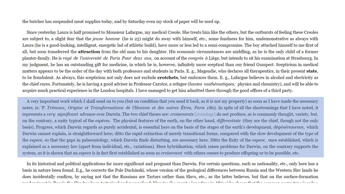 5/n 2 years before publishing "Das Kapital", Marx wrote to Friedrich Engels mentioning how Pierre Trémaux's work seems more significant than that of Darwin for it's confirmation to his theory. eg, class struggle in geology.Source: Karl Marx Letter To F Engels, 7/8/1866