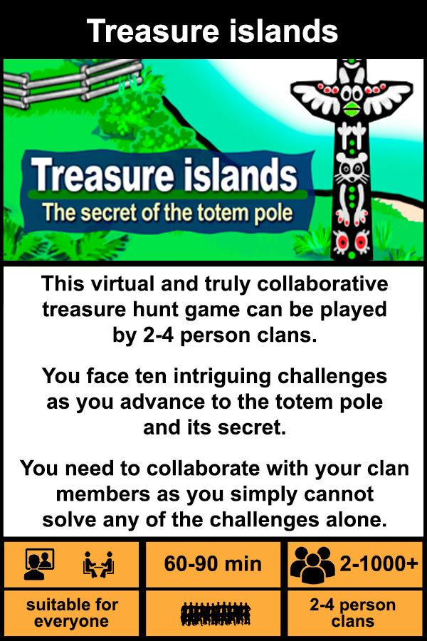 TeamActionZone's tweet image. We have just released our latest virtual teambuilding game for teleconferences.

This truly collaborative treasure hunt game can be played by 2-4 person clans.

The players need to collaborate with their clan members as they simply cannot solve any of the challenges alone.