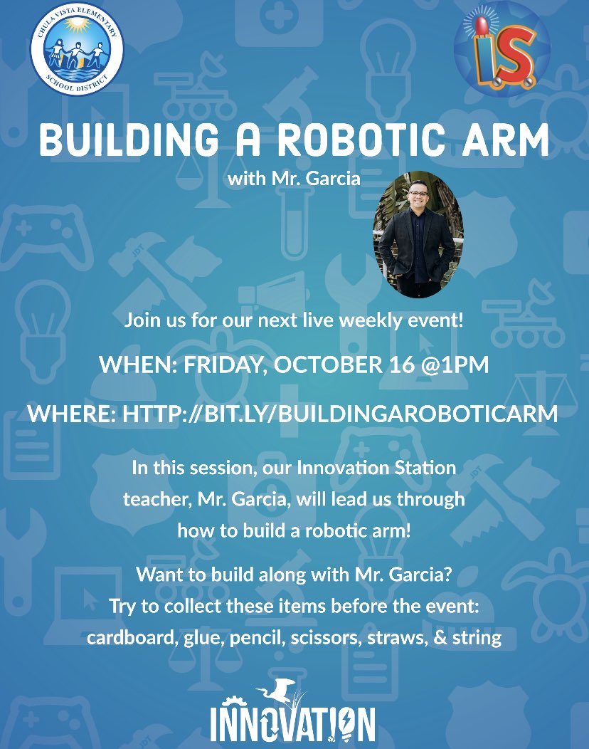 Join us this Friday at 1PM for the second installment of our innovation live event series, “Building a Robotic Arm”, with @chrisgarcia03. Ss can build alongside him by collecting the common household materials mentioned below. #ThinkabitLab