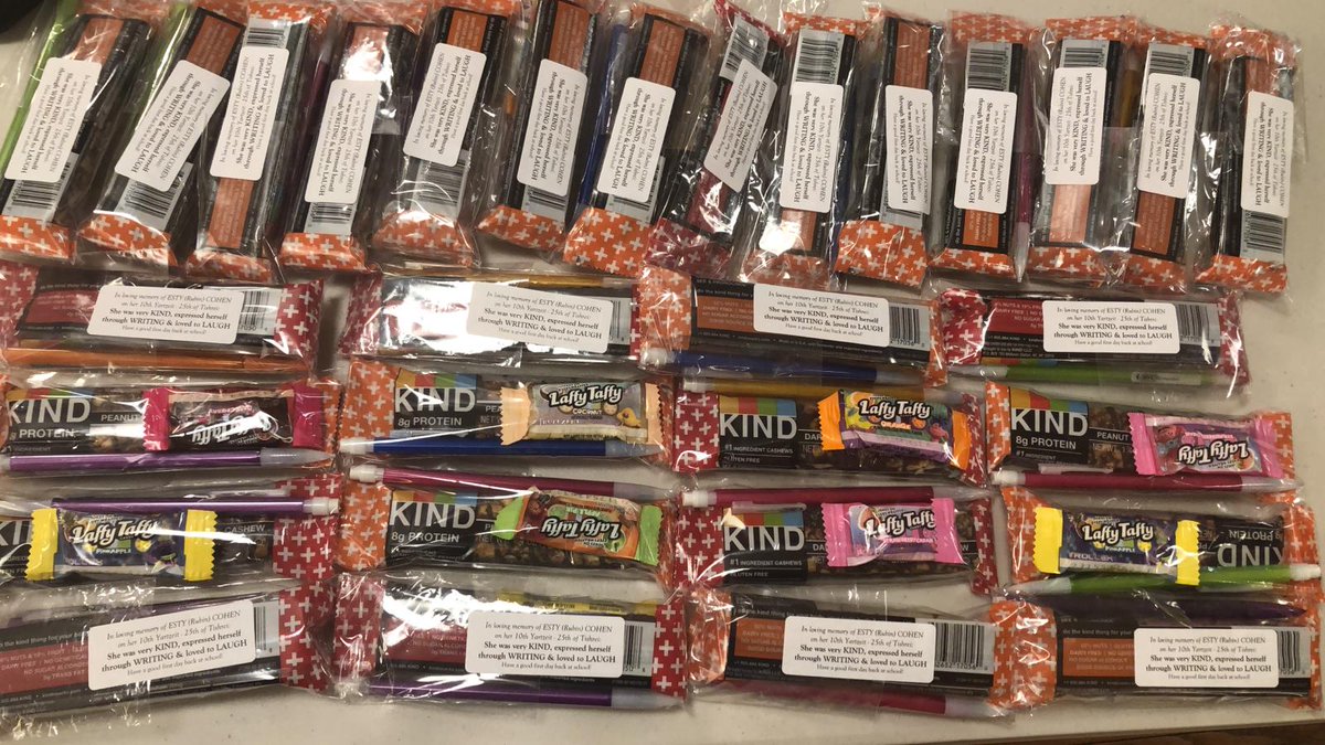 We prepared these treats for kids  @MaimonideSchooltomorrow for her yartzeit: She was KIND (therefore a  @KINDSnacks), she expressed herself through WRITING (hence the pencil), she loved to LAUGH ( @LaffyTaffy). She would like a sentiment like this, the little thoughtful touches.