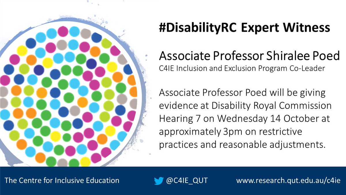 The Centre for Inclusive Education (@c4ie_qut) on Twitter photo Tune in to #DisabilityRC Hearing 7 on Wednesday 14 October as #C4IE Program Co-Leader @drpoed gives evidence on restrictive practices and reasonable adjustments.
disability.royalcommission.gov.au
#disabilityroyalcommission #Disability Tune in to #DisabilityRC Hearing 7 on Wednesday 14 October as #C4IE Program Co-Leader @drpoed gives evidence on restrictive practices and reasonable adjustments.
disability.royalcommission.gov.au
#disabilityroyalcommission #Disability