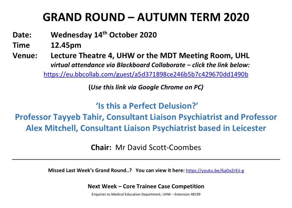 CavMedEd's tweet photo. Check out this week’s Grand Round either in person or virtually!
#Psychiatry #MentalHealth

Don’t forget you can also catch up if you missed last week’s Grand Round.

#GrandRound #MedicalEducation #VirtualLearning
@drstuartwalker @CAV_LenRichards @CV_UHB https://t.co/IWtmDbTOQO