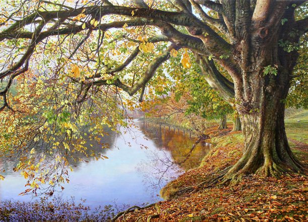 #oilpainting Autumn by the River Wharfe #YorkshireDales A calm stretch of the river near the little suspension bridge at Hebden near Grassington. https://t.co/8Njhbk0qrI