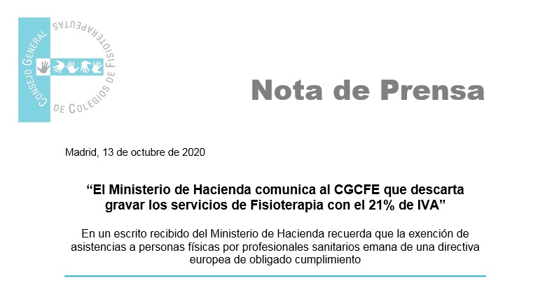 cgcfe's tweet photo. “El Ministerio de Hacienda comunica al CGCFE que descarta
gravar los servicios de Fisioterapia con el 21% de IVA”
Lee al completo nuestra NP➡️ https://t.co/rqtVJuCthf https://t.co/gS1yUaxgW6