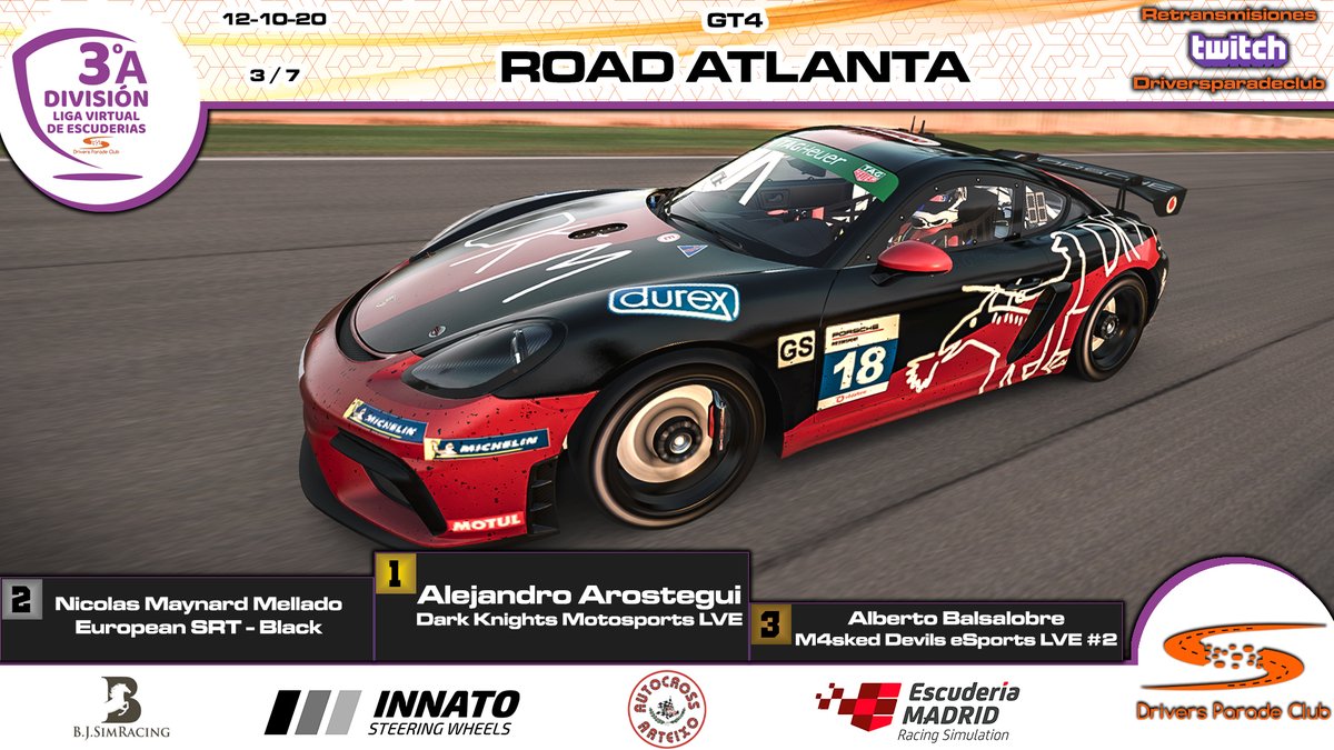 🏁LVE - 3ª DIVISIÓN A🏁

📍Road Atlanta
📆12/10/2020

Podium:

🥇<a href="/dkm_iracing/">DKM</a>
🥈<a href="/european_srt/">European SRT</a>
🥉<a href="/M4sked_devils/">M4sked Devils eSports</a>

¡ENHORABUENA A TODOS!