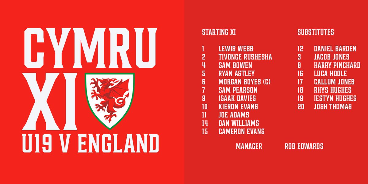 Cymru's tweet photo. 🏴󠁧󠁢󠁥󠁮󠁧󠁿🏴󠁧󠁢󠁷󠁬󠁳󠁿 CYMRU XI

Here’s our U19 side to face England at midday.

@MorganBoyes1 &amp; Sam Bowen become Cymru U19s’ joint record cap holders 👏

#ENGWAL | #TogetherStronger https://t.co/CiAntQriFu