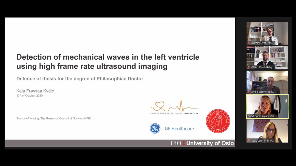Proudly attening the PhD dissertation of Kaja who I have supervised w <a href="/ThorEdvardsen/">Thor Edvardsen</a> in the exciting area of high framerate #echocardiograpy. Fully digital defense with <a href="/MajaCikes/">Maja Cikes</a> as first opponent. Too bad nobody can see I’ve suited up for the occasion :)