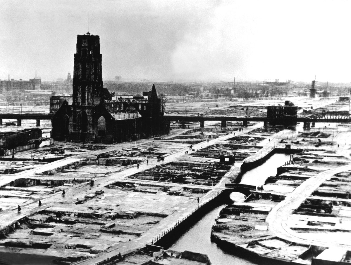 The complete destruction of Rotterdam in WWII on 14 May 1940, sometimes called the Rotterdam Blitz. Fascists destroyed the city in order to show that they would burn the Netherlands to the ground if it did not surrender. 900 Rotterdam citizens died in one day.