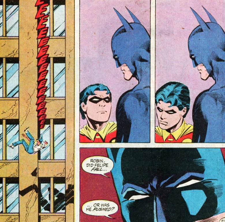 The biggest split came in a story called "Diplomat's Son," in which Batman is fine letting diplomat's son get away with cocaine smuggling, and driving his girlfriend to suicide. Jason confronts him, and the man falls from a sky scraper. Batmnan never knew if Jason pushed him.