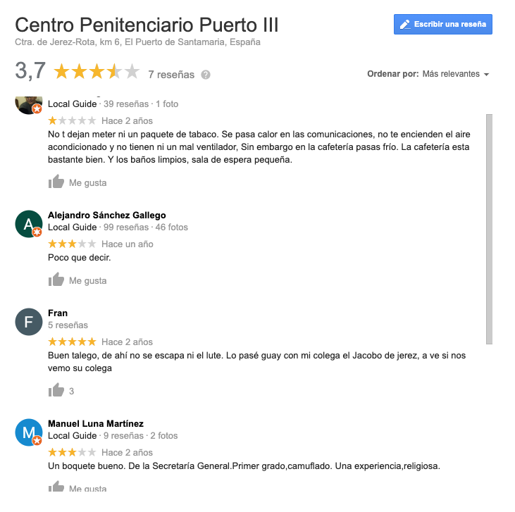 BenitoOlmo's tweet image. Acabo de descubrir que la gente hace valoraciones en Google de su estancia en la cárcel y no puedo parar de leer 🤣