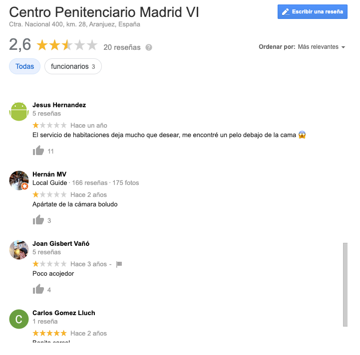 BenitoOlmo's tweet image. Acabo de descubrir que la gente hace valoraciones en Google de su estancia en la cárcel y no puedo parar de leer 🤣