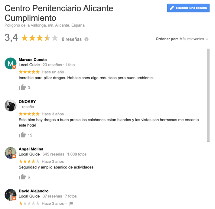 BenitoOlmo's tweet image. Acabo de descubrir que la gente hace valoraciones en Google de su estancia en la cárcel y no puedo parar de leer 🤣