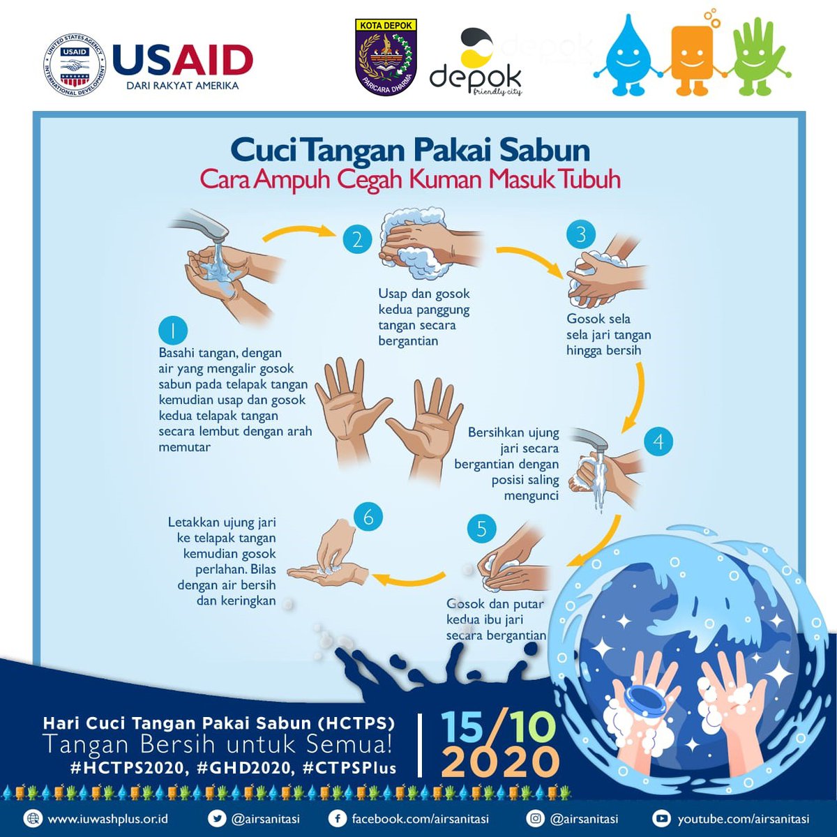 pemkotdepok's tweet photo. #SobatDepok ayo Cuci Tangan Pakai Sabun di Enam Waktu Penting. Kenapa? Karena tangan yang bersih masih bisa menjadi tempat tinggal kuman. Berikut informasi #CTPS di Enam Waktu Penting.
#HTCPS2020 #GHD2020 #CTPSPlus https://t.co/dKQucbvaxg