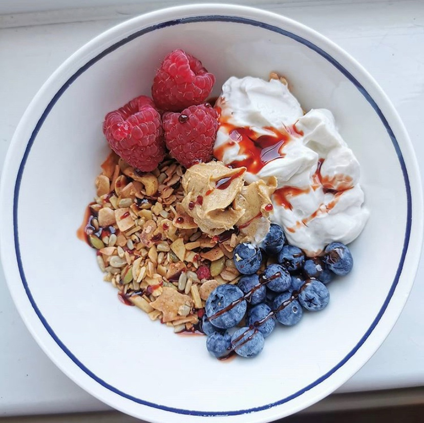 Berry &amp; Almond Granola with oat greek yogurt, peanut butter, fresh berries &amp; a drizzle of date syrup 😋 It's a yes from us 🌟 Our Grain-Free Granola is #vegan, #paleo &amp; #keto friendly, #glutenfree, low carb, high in fibre &amp; natural protein and 100% delicious 🙌🏼