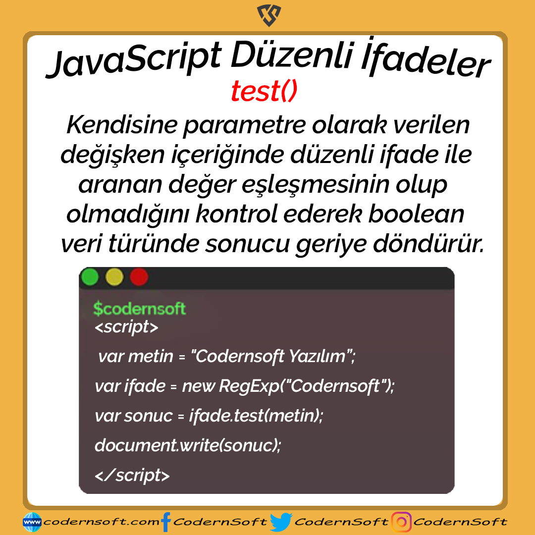 JavaScript - Düzenli İfadeler - test Metodu
codernsoft.com
#js #JS100 #javascript #javascript30 #php #code #Software #gntmgr #BLACKPINK #TEKETEK #Erkencitayfa #instagramdown
