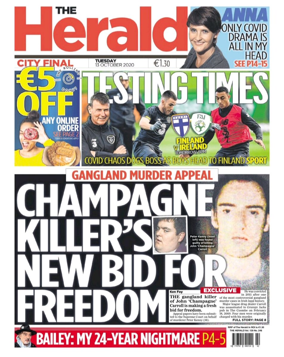 DublinIndo's tweet image. In today's Herald: A gangland killer who was the gunman in the murder of John 'Champagne' Carroll over 11 years ago is to appeal his conviction to the Supreme Court.

Plus - get €5 off any online order @TheRollingDonut