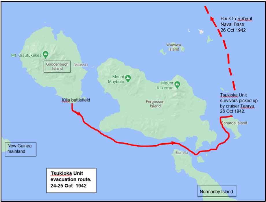 25 Oct: When 2/12 Bn occupied Kilia Mission under air cover, they found it empty.26 Oct: 261 Tsukioka men were rescued via cruiser “Tenryu”.In the 2 months since they made the ill-fated overnight stop at Goodenough, the Japanese situation in SWPA had deteriorated unimaginably.