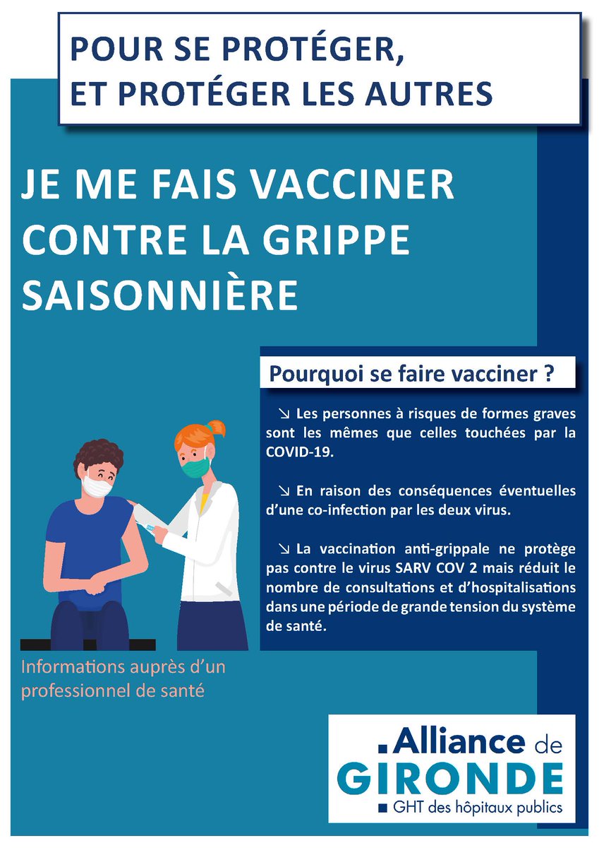 GHT Alliance de Gironde (@alliancegironde) on Twitter photo Dans le contexte de #COVID19 , pensez plus que jamais à vous faire vacciner contre la #grippe saisonnière. Pour se protéger et protéger les autres. <a href="/CHUBordeaux/">CHU de Bordeaux</a> <a href="/ch_perrens/">CH Charles Perrens</a> <a href="/ch_d_arcachon/">Centre Hospitalier d'Arcachon</a> <a href="/ch_libourne/">CH Libourne</a> <a href="/CH_Bazas/">Centre Hospitalier de Bazas</a> @ChCadillac <a href="/CHSudgironde/">Centre Hospitalier SUD GIRONDE</a> Dans le contexte de #COVID19 , pensez plus que jamais à vous faire vacciner contre la #grippe saisonnière. Pour se protéger et protéger les autres. <a href="/CHUBordeaux/">CHU de Bordeaux</a> <a href="/ch_perrens/">CH Charles Perrens</a> <a href="/ch_d_arcachon/">Centre Hospitalier d'Arcachon</a> <a href="/ch_libourne/">CH Libourne</a> <a href="/CH_Bazas/">Centre Hospitalier de Bazas</a> @ChCadillac <a href="/CHSudgironde/">Centre Hospitalier SUD GIRONDE</a>
